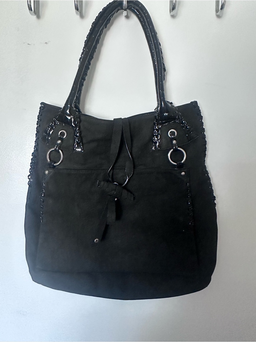 Black Suede Tote with Patent Trim and Ring Hardware
